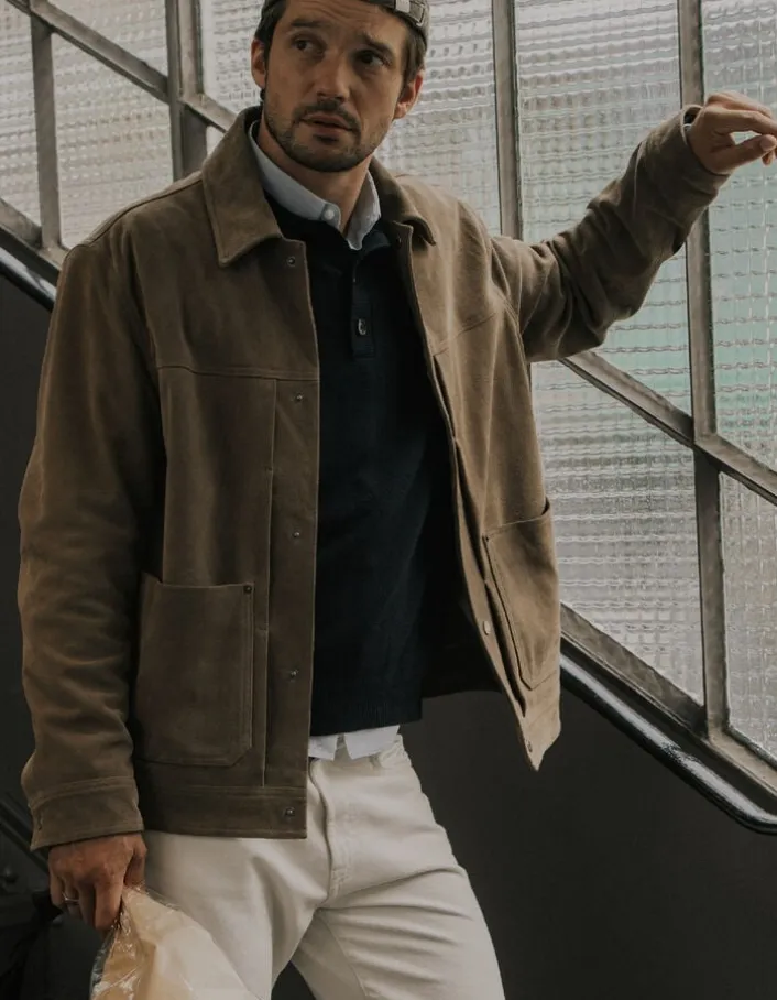 Veste beige cuir velours poches plaquées Homme