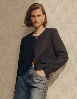Veste carrée noire effet tweed Femme