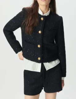 Veste courte marine effet tweed et sequins brodés Femme