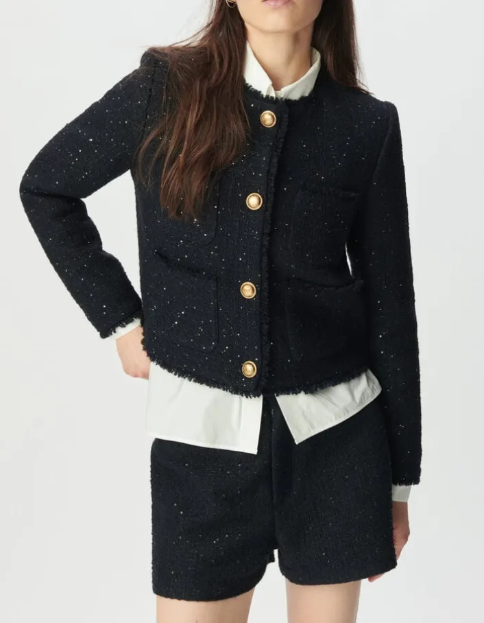 Veste courte marine effet tweed et sequins brodés Femme