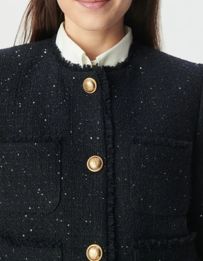 Veste courte marine effet tweed et sequins brodés Femme