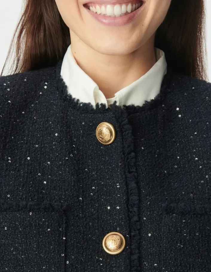 Veste courte marine effet tweed et sequins brodés Femme