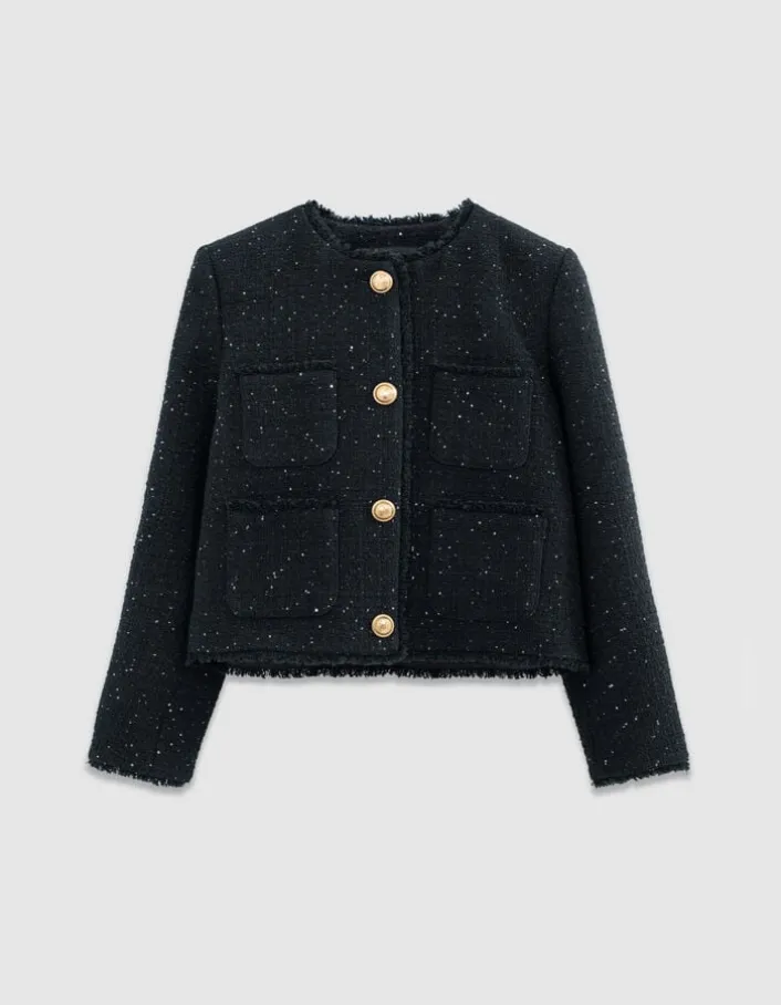 Veste courte marine effet tweed et sequins brodés Femme