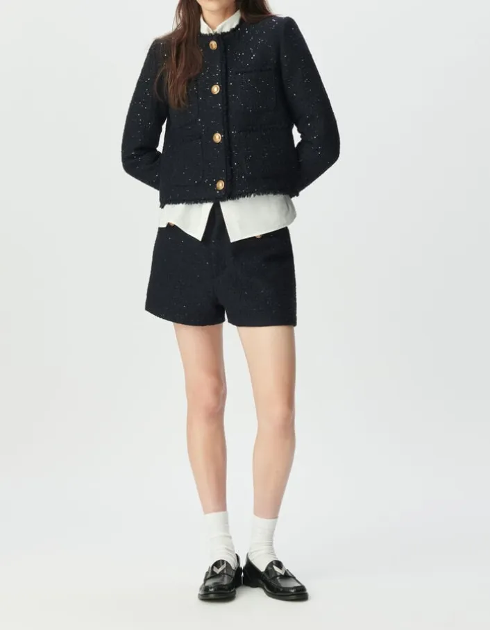 Veste courte marine effet tweed et sequins brodés Femme