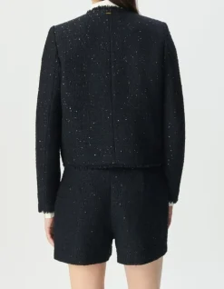 Veste courte marine effet tweed et sequins brodés Femme