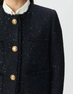 Veste courte marine effet tweed et sequins brodés Femme