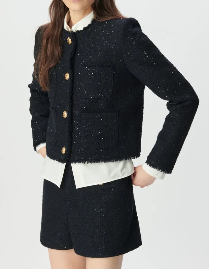 Veste courte marine effet tweed et sequins brodés Femme