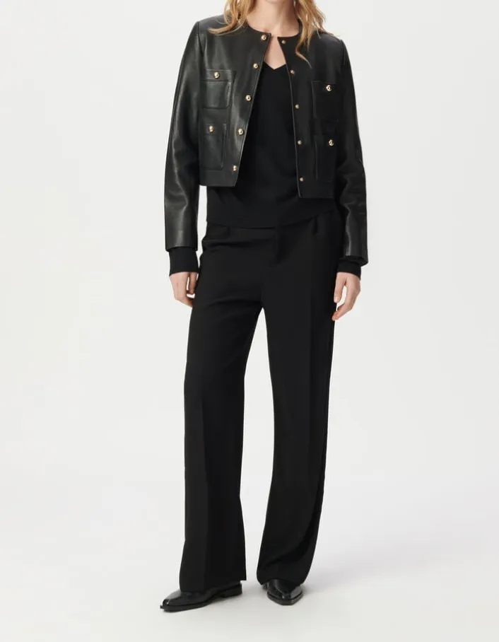 Veste courte noire en cuir quatre poches plaquées Femme
