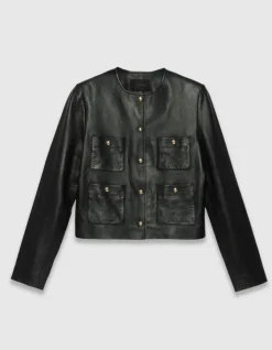 Veste courte noire en cuir quatre poches plaquées Femme