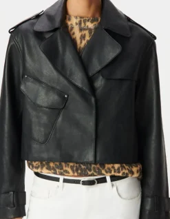 Veste cuir noir bavolet et poche biais Femme