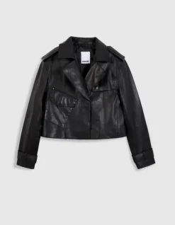 Veste cuir noir bavolet et poche biais Femme