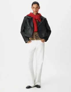 Veste cuir noir bavolet et poche biais Femme