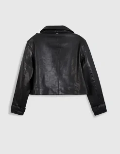 Veste cuir noir bavolet et poche biais Femme