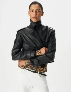 Veste cuir noir bavolet et poche biais Femme