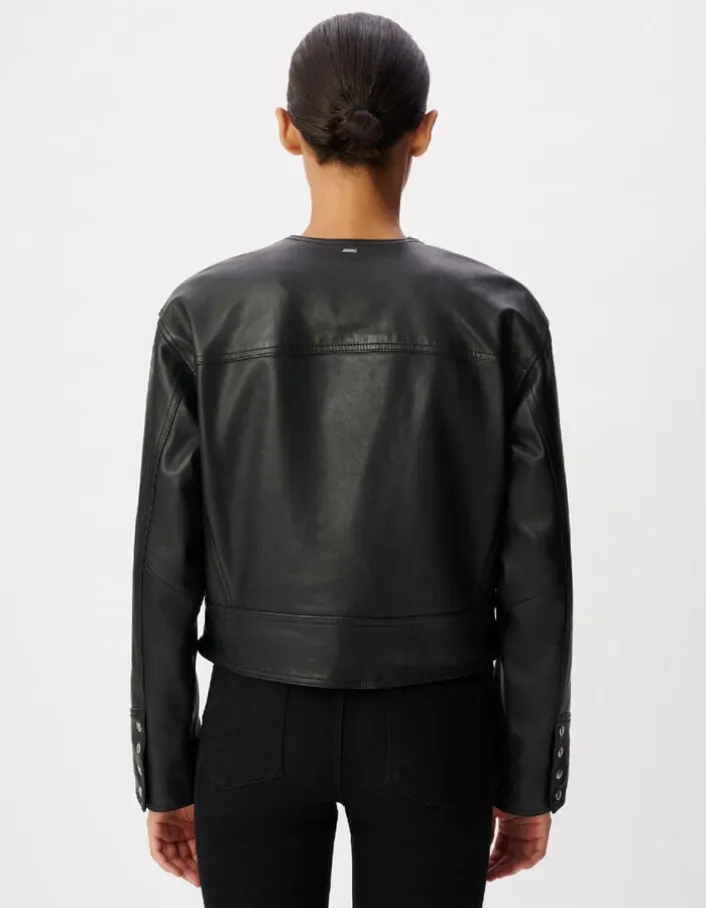 Veste cuir noir courte loose avec ceinture Femme