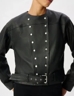 Veste cuir noir courte loose avec ceinture Femme