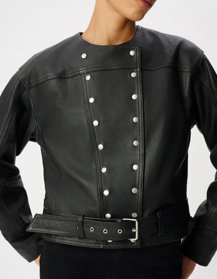 Veste cuir noir courte loose avec ceinture Femme