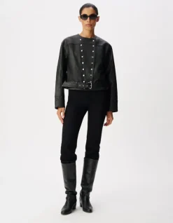 Veste cuir noir courte loose avec ceinture Femme