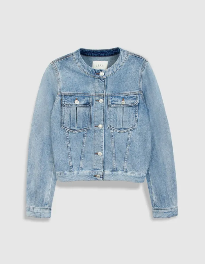 Veste en jean bleu col rond Femme