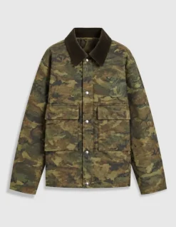 Veste kaki camouflage waxée multi poches col velours Homme