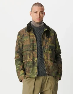 Veste kaki camouflage waxée multi poches col velours Homme