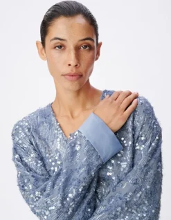 Veste oversize bleue brodée sequins esprit kimono Femme