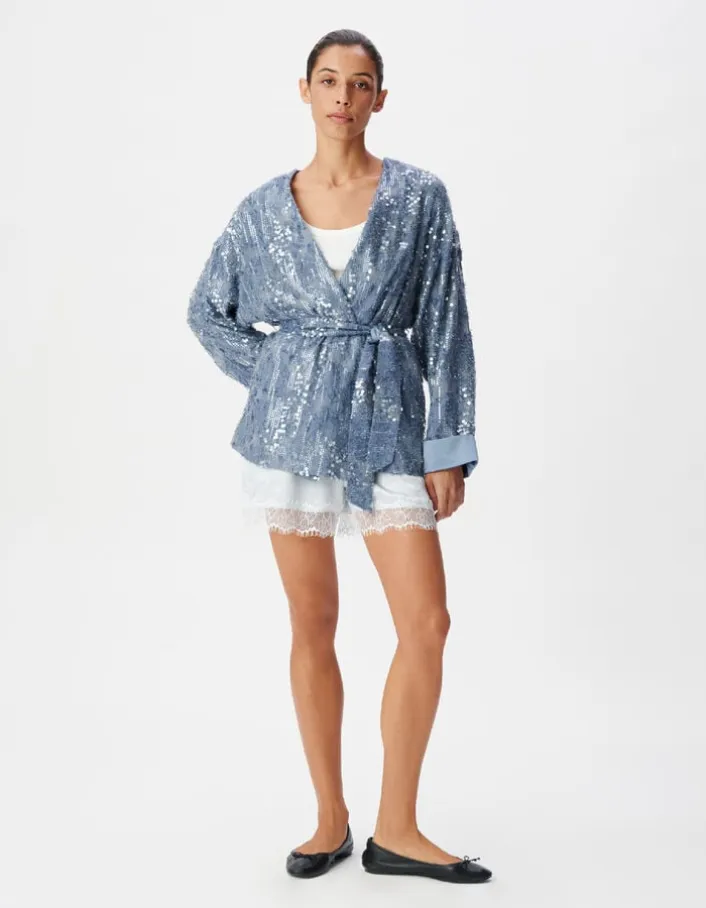 Veste oversize bleue brodée sequins esprit kimono Femme