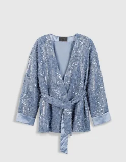 Veste oversize bleue brodée sequins esprit kimono Femme