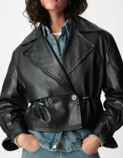 Veste oversize noire cuir coulisse taille Femme