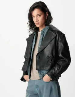 Veste oversize noire cuir coulisse taille Femme