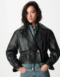 Veste oversize noire cuir coulisse taille Femme