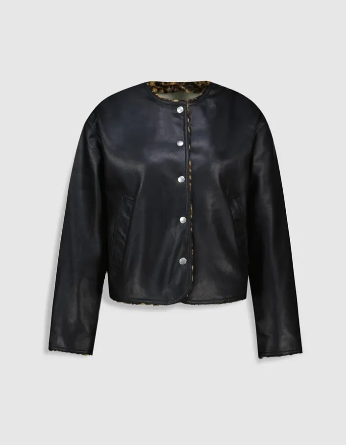 Veste réversible noire et motif léopard Femme