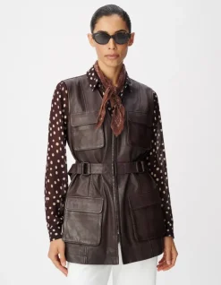 Veste saharienne cuir marron ceinturée Femme