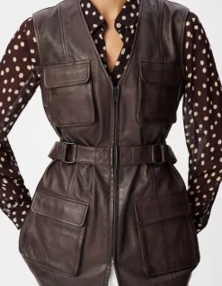 Veste saharienne cuir marron ceinturée Femme