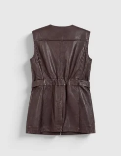 Veste saharienne cuir marron ceinturée Femme