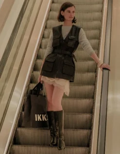 Veste saharienne cuir marron ceinturée Femme