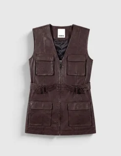 Veste saharienne cuir marron ceinturée Femme
